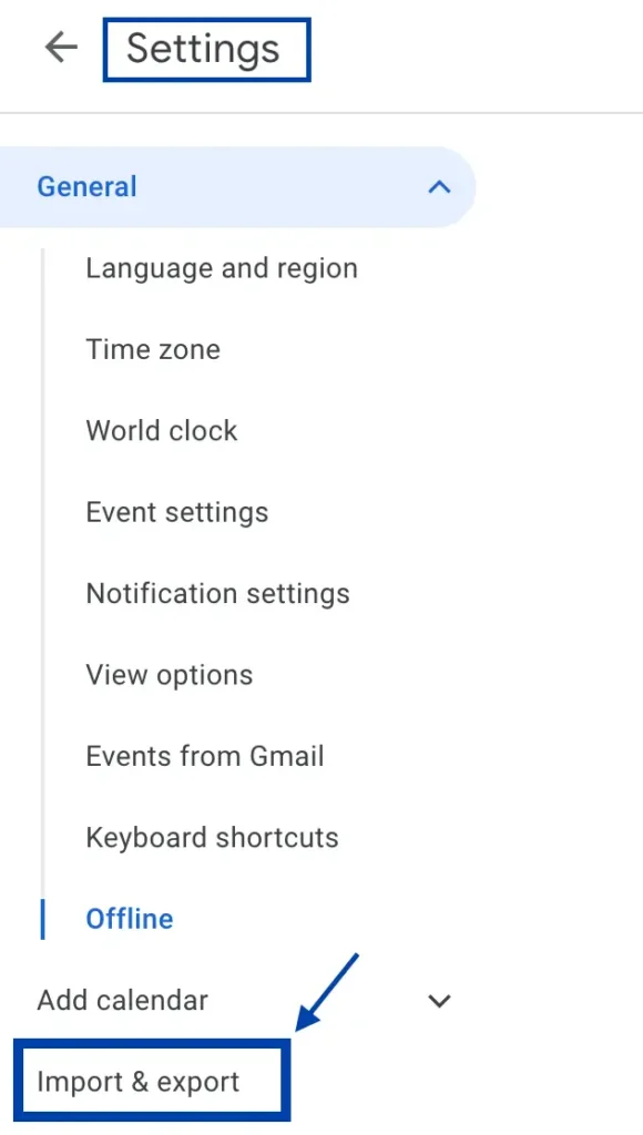 Locate Import & Export in Settings to import ICS file to Google Calendar